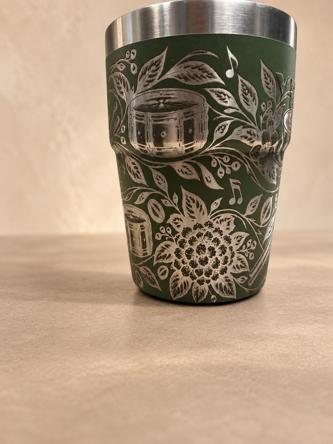 Botanical & music tumbler — completed Clifton piece, digitally restyled background