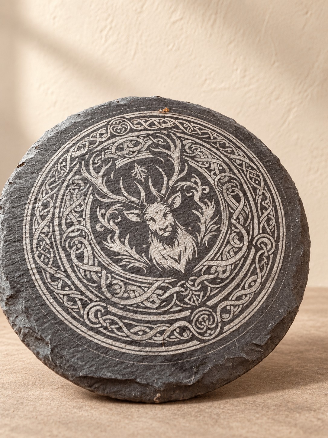 Stag & knotwork coaster — completed Clifton piece, digitally restyled background